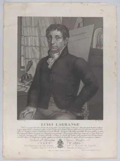 Portrait of Luigi Lagrange, seated with an easel behind him at right with a mathematical equation