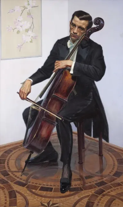 Portrait of musician Piotr Chmielewski with a cello.