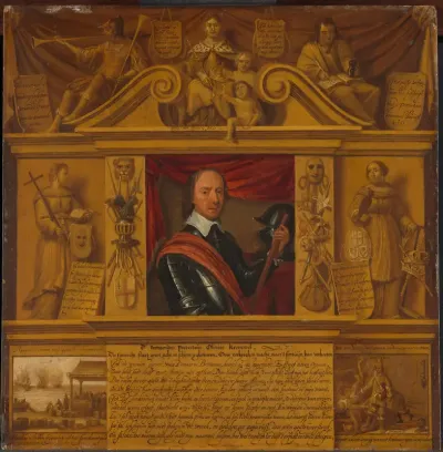 Portrait of Oliver Cromwell, in a Frame with Allegorical Figures and Historical Representations