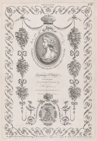 Portrait of the Duchess of Buccleugh and Ornament, nos. CCCCXXXII, 433, 435, plate 66 from "Designs for Various Ornaments"