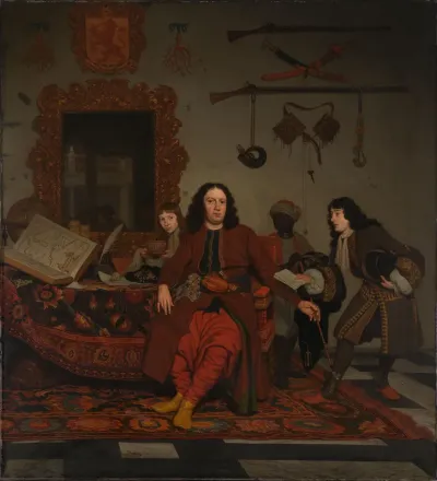 Portrait of Thomas Hees (b. 1634/35), resident and commissioner of the states general to the governments of Algiers, Tunis and Tripoli, with his nephews Jan (b. 1670/71) and Andries (b. 1662/63) Hees and a servant