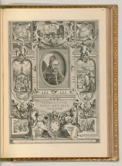 Porträt Papst Clemens VIII., umgeben von Kartuschen mit Darstellungen aus seinem Leben