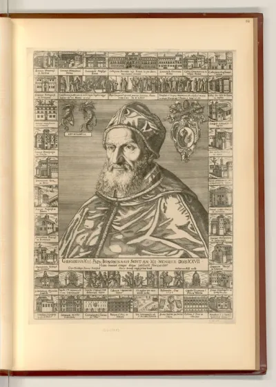 Porträt Papst Gregor XIII., umrahmt von Stadtveduten und Ereignissen