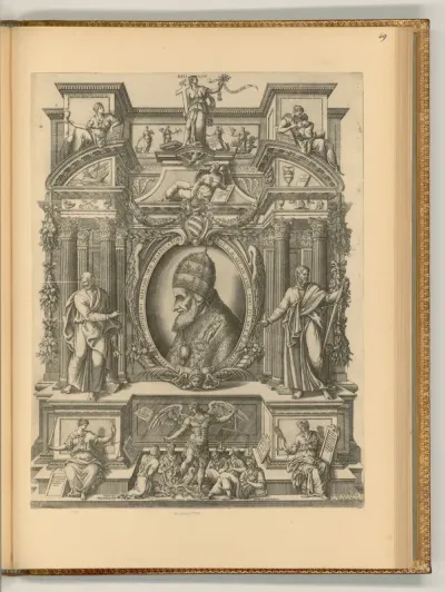 Porträt Papst Pius V. im Profil, umgeben von allegorischen Beiwerk