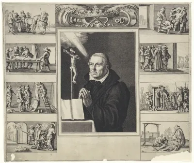 Portret Cornelis Musius, met scènes van zijn martelaarschap