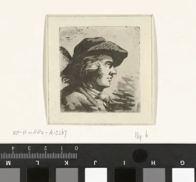 Portret en profil van man met gevederde hoed