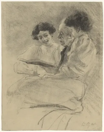Portret van A. Grandmont met een boek en twee vrouwen