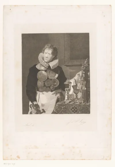 Portret van Abraham Grapheus bij een tafel met vaatwerk