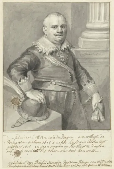 Portret van admiraal Steven van der Hagen of Olivier van Noort, staande bij een tafel met een helm