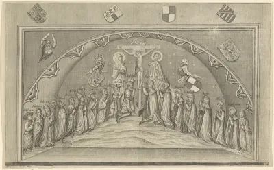Portret van Adolf I, graaf van Nassau-Wiesbaden-Idstein, Margaretha van Hohenzollern-Neurenberg en hun kinderen in aanbidding voor Christus aan het kruis