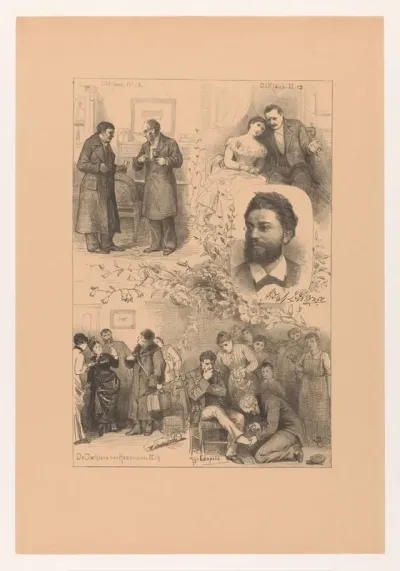Portret van Adolphe l'Arronge en scènes uit zijn toneelstukken