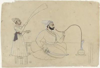 Portret van Ajmat Dev van Mankot, een hookah (waterpijp) rokend, achter hem een bediende met een waaier