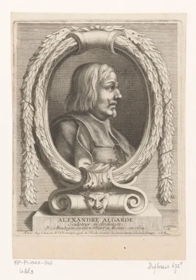 Portret van Alessandro Algardi in een ovale lijst gedecoreerd met een guirlande