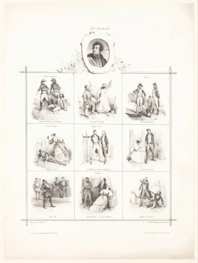 Portret van Alexandre Dumas en negen voorstellingen uit zijn werken