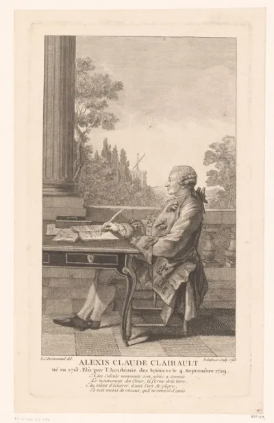 Portret van Alexis-Claude Clairaut aan zijn schrijftafel in de buitenlucht