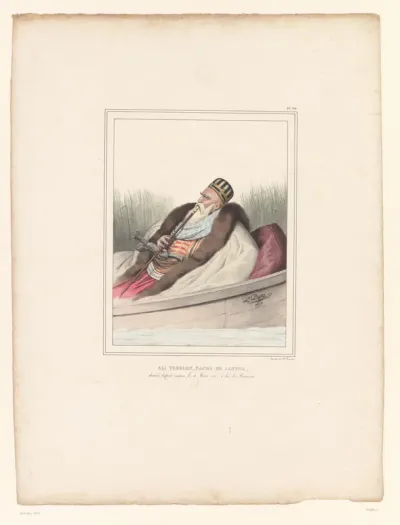 Portret van Ali, pasja van Ioannina in een roeiboot op het Meer van Butrint