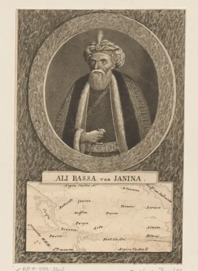 Portret van Ali, pasja van Ioannina, met kaart van de Balkan