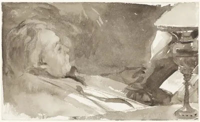 Portret van Alphons Marie Antoine Joseph Grandmont, lezend bij een lamp