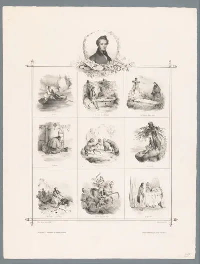 Portret van Alphonse de Lamartine en negen voorstellingen uit zijn 'Harmonies poétiques et religieuses' (1830)