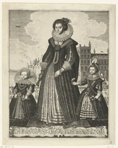 Portret van Amalia van Solms met twee van haar kinderen