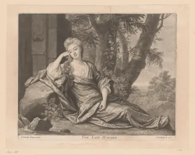 Portret van Anabella Howard liggend tegen een rots bij water