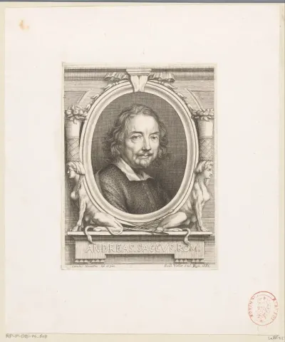 Portret van Andrea Sacchi in een ovale lijst gedragen door sfinxen