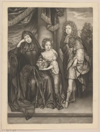 Portret van Ann Scott hertogin van Monmouth en haar twee zoons