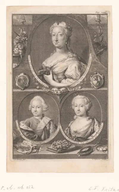 Portret van Anna van Hannover en haar kinderen Willem V en Carolina van Oranje-Nassau