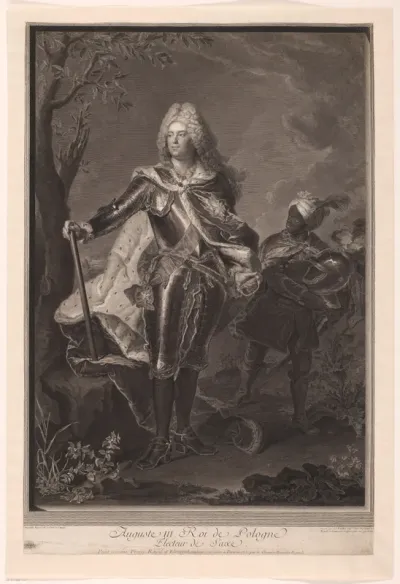 Portret van August III van Polen met jongen die zijn helm draagt