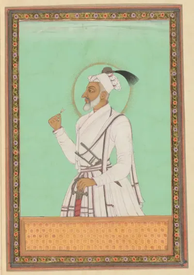 Portret van Aurangzeb, jongste zoon van Shah Jahan, die in de tijd van zijn vader regeerde over de provincie Deccan, en na de dood van zijn vader over geheel Delhi regeert nadat hij alle drie zijn broers heeft gedood.