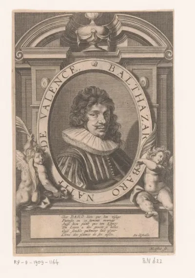 Portret van Balthazar Baro in een ovaal gedragen door putti