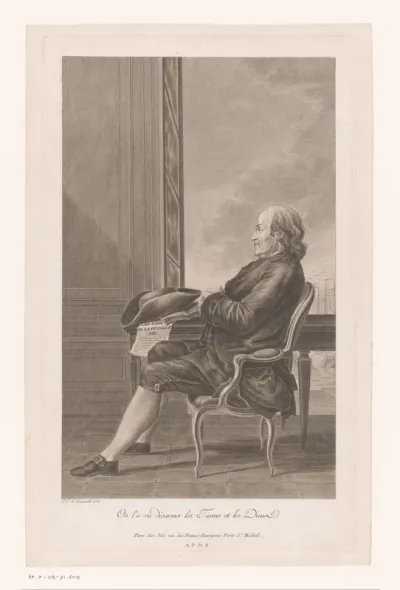 Portret van Benjamin Franklin en profile op een stoel gezeten