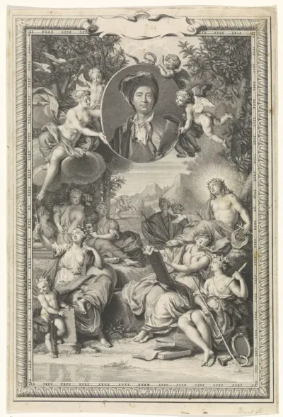 Portret van Bernard de Fontenelle, met personificaties van de zeven vrije kunsten