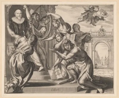 Portret van Cardin le Bret aan een tempeldeur opgehangen