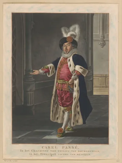 Portret van Carel Passé als Filips de Goede in het toneelstuk Jacoba van Beieren