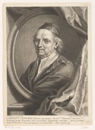 Portret van Carlo Cignani in een ovale lijst met een gordijn