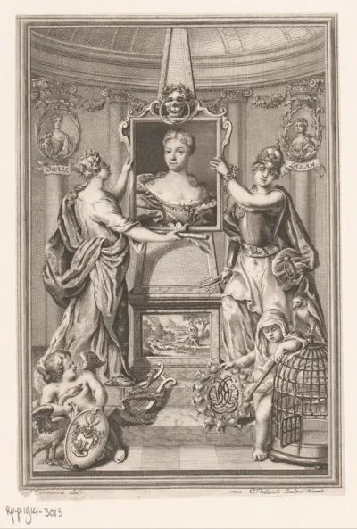 Portret van Catharina Elisabeth Besser vastgehouden door Erato en Minerva