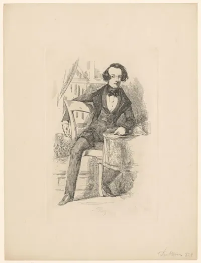 Portret van Charles Dickens, zittend aan een bureau bij een raam