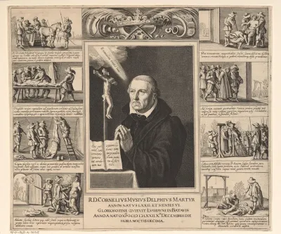 Portret van Cornelis Musius, met scènes van zijn martelaarschap