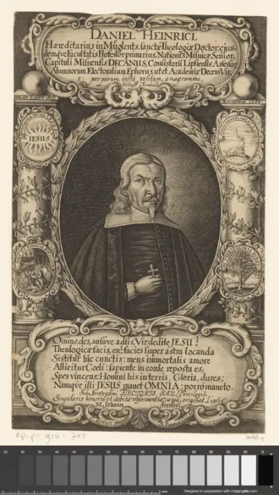 Portret van Daniel Heinrici met emblemata