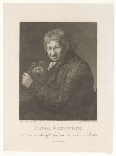 Portret van Daniel Nikolaus Chodowiecki met een bril in zijn handen