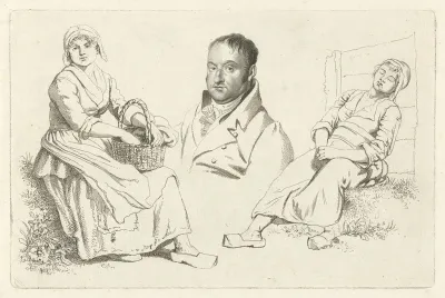Portret van Daniel Vrijdag tussen twee boerinnen