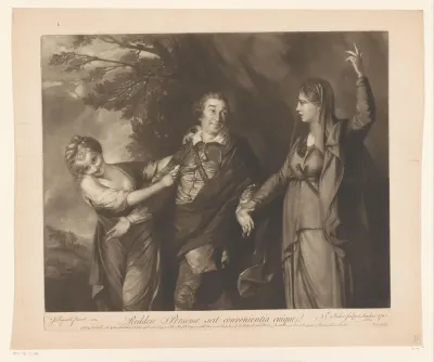 Portret van David Garrick tussen personificaties van komedie en tragedie