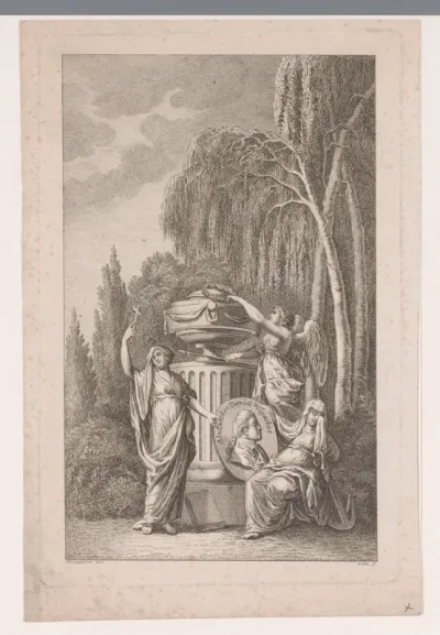 Portret van David Wipacher op een gedenkmedaillon bij een monument met de rouwende personificaties van Religie en Hoop onder een treurwilg