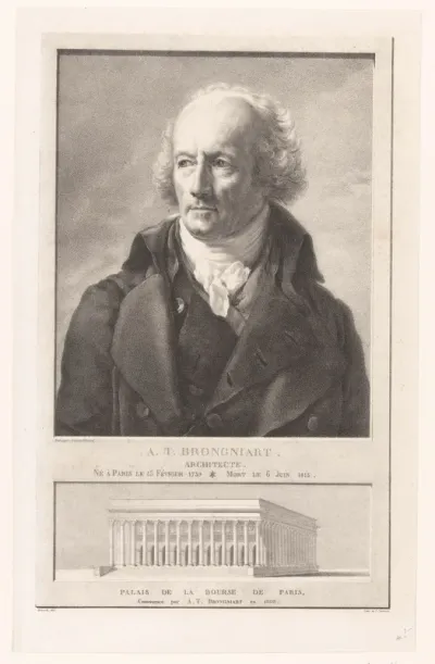 Portret van de architect Alexandre-Théodore Brongniart en het beursgebouw in Parijs