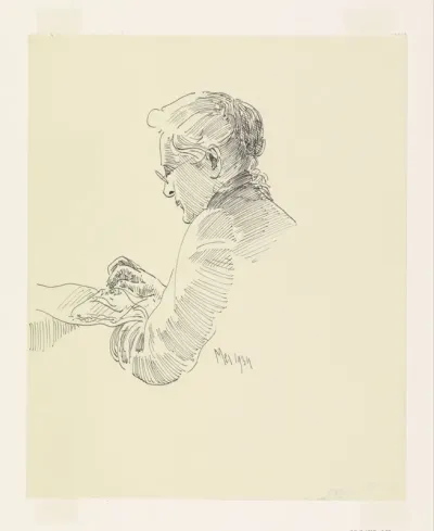Portret van de echtgenote van Carel Adolph Lion Cachet, handwerkend