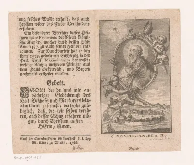 Portret van de heilige Maximiliaan van Celeia gedragen door engelen