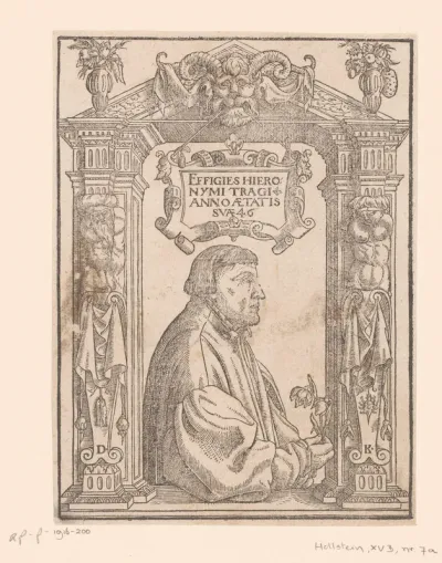 Portret van de Hiëronymus Bock in ornamentele omlijsting