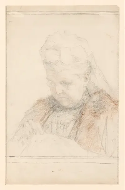 Portret van de koningin-moeder Emma, handwerkend