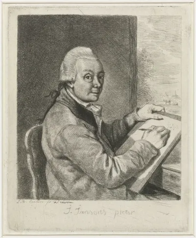 Portret van de kunstenaar Johannes Janson, tekenend